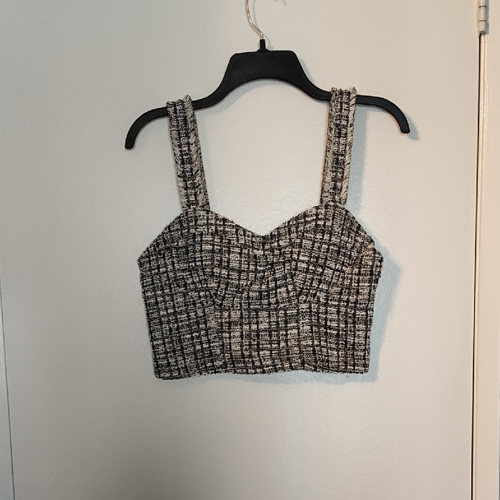Madden NYC Chic Black and White Tweed Crop Top